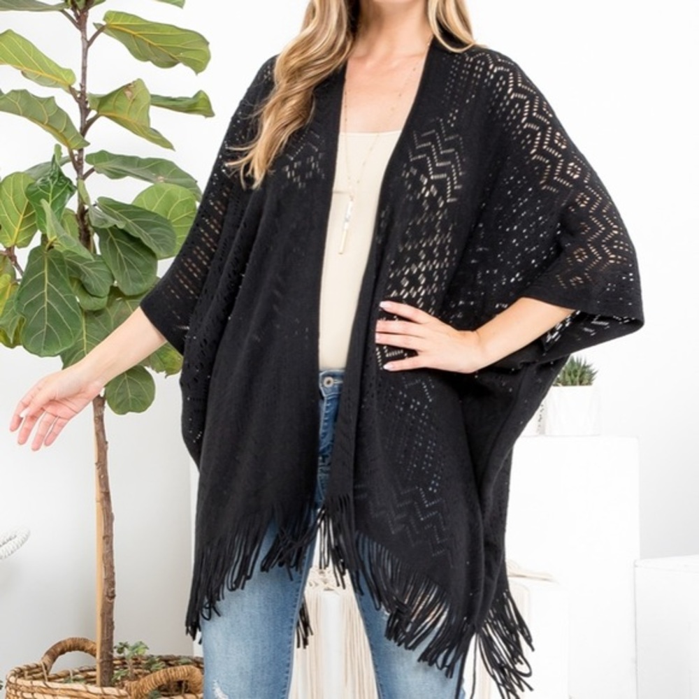 Black Fringe Open Knit Poncho